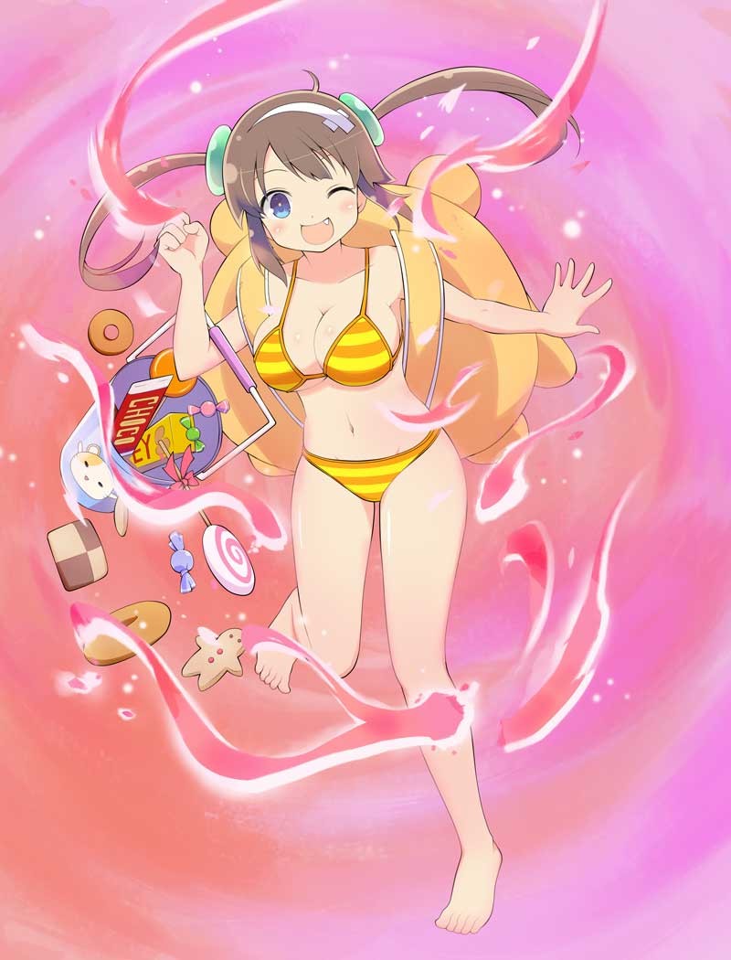 minori (senran kagura), senran kagura, senran kagura new wave, senran kagura shinovi versus, official art, 1girl, :d, ahoge, animal bag, backpack, bag, barefoot, bikini, blue eyes, blush, breasts, brown hair, bucket, candy, candy bar, checkerboard cookie, chocolate, chocolate bar, cleavage, collarbone, cookie, donut, energy, fang, food, gradient background, groin, hair ornament, hamster, hamster print, large breasts, linea alba, lollipop, long hair, looking at viewer, multicolored bikini, navel, one eye closed, open mouth, orange background, orange bikini, pink background, ring hair ornament, shiny skin, smile, solo, spiral background, striped bikini, striped clothes, swimsuit, swirl lollipop, twintails, two-tone bikini, wrapped candy, yellow bikini