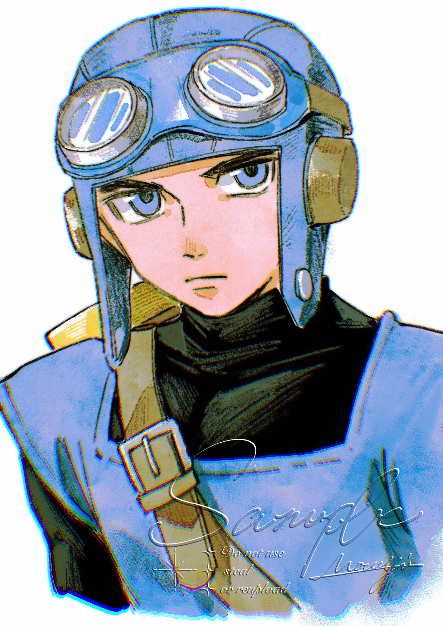 mouyi, prince of lorasia, dragon quest, dragon quest ii, commentary, highres, symbol-only commentary, 1boy, belt buckle, black bodysuit, blue eyes, blue hat, blue tunic, bodysuit, buckle, closed mouth, goggles, goggles on headwear, hat, looking at viewer, male focus, signature, solo, tunic, turtleneck, turtleneck bodysuit, upper body, white background