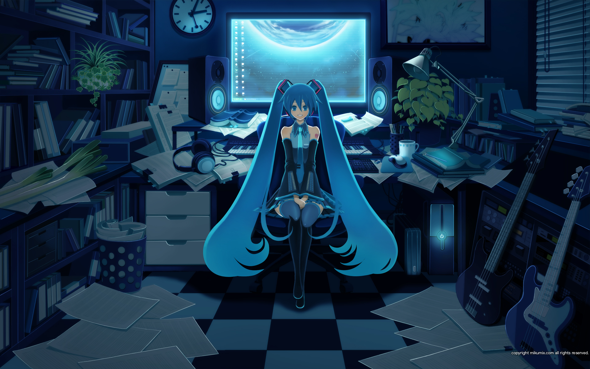 inago, hatsune miku, mikumix, vocaloid, highres, 1girl, blue hair, book, clock, computer, computer keyboard, female focus, guitar, headphones, instrument, long hair, sitting, solo, spring onion, twintails, very long hair