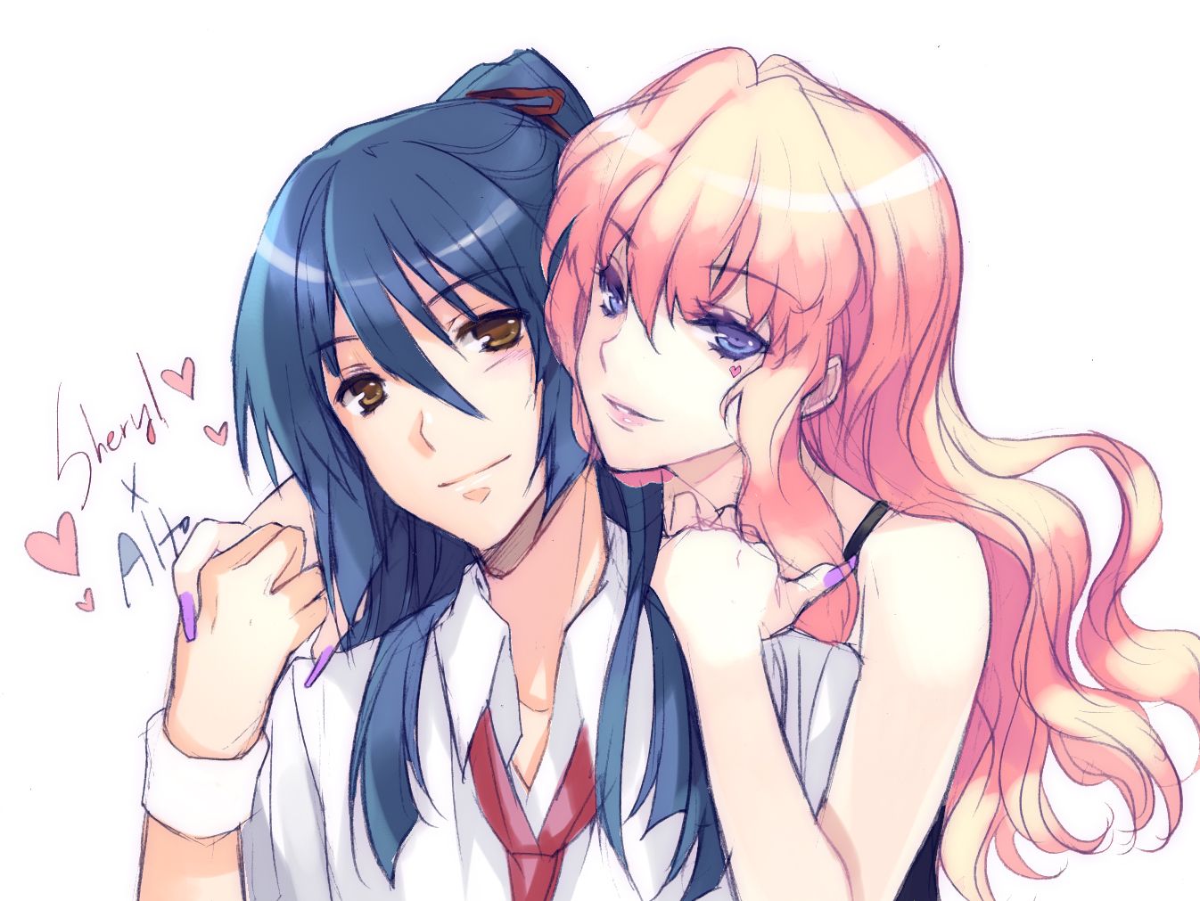 cuteg, saotome alto, sheryl nome, macross, macross frontier, 00s, 1boy, 1girl, blonde hair, blue eyes, blue hair, brown eyes, couple, hetero, hug, hug from behind, long hair, necktie, ponytail