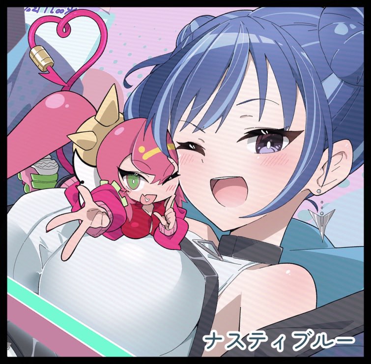 urasuka, evil twin lil-la, ki-sikil (yu-gi-oh!), lil-la (yu-gi-oh!), live twin ki-sikil, yu-gi-oh!, 2girls, bare shoulders, black border, blonde hair, blue hair, border, breasts, double bun, duel monster, earrings, green eyes, hair bun, jewelry, large breasts, long hair, mini person, multicolored hair, multiple girls, one eye closed, open mouth, pink hair, purple eyes, twintails, two-tone hair