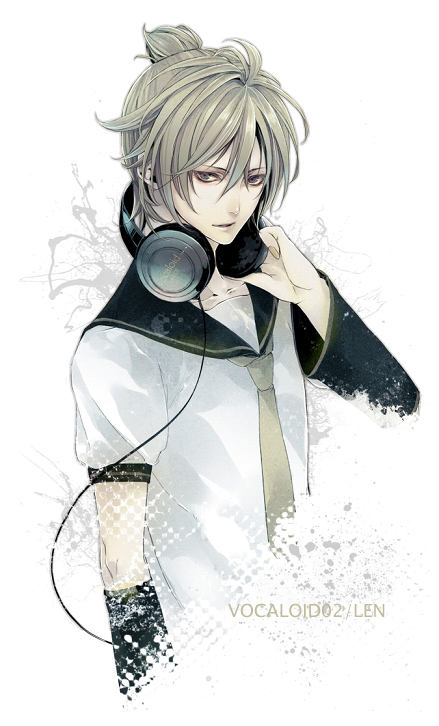 asahil, kagamine len, vocaloid, bad id, bad pixiv id, 1boy, blonde hair, blue eyes, headphones, male focus, necktie, ponytail, short hair, simple background, solo