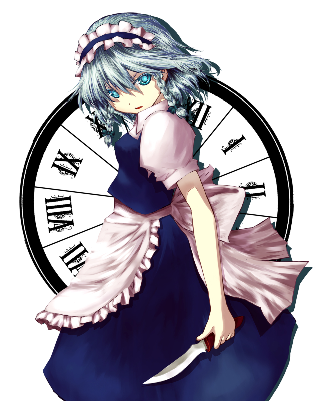 takuan (kyou sonogoro), takuan (pixiv), izayoi sakuya, touhou, silver hair, highres, 1girl, braid, female focus, knife, short hair, solo, throwing knife, twin braids, weapon
