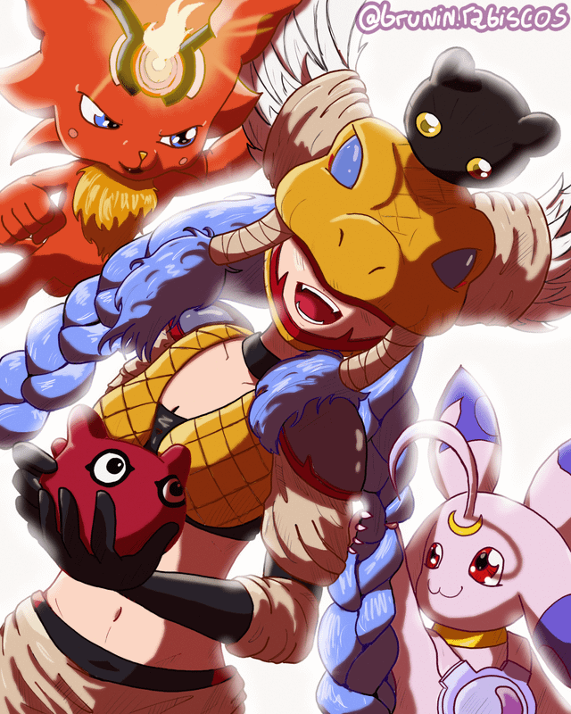 botamon, coronamon, lunamon, minervamon, punimon, digimon, braid, bruninrabiscos, digimon (creature), long hair, mask, wings