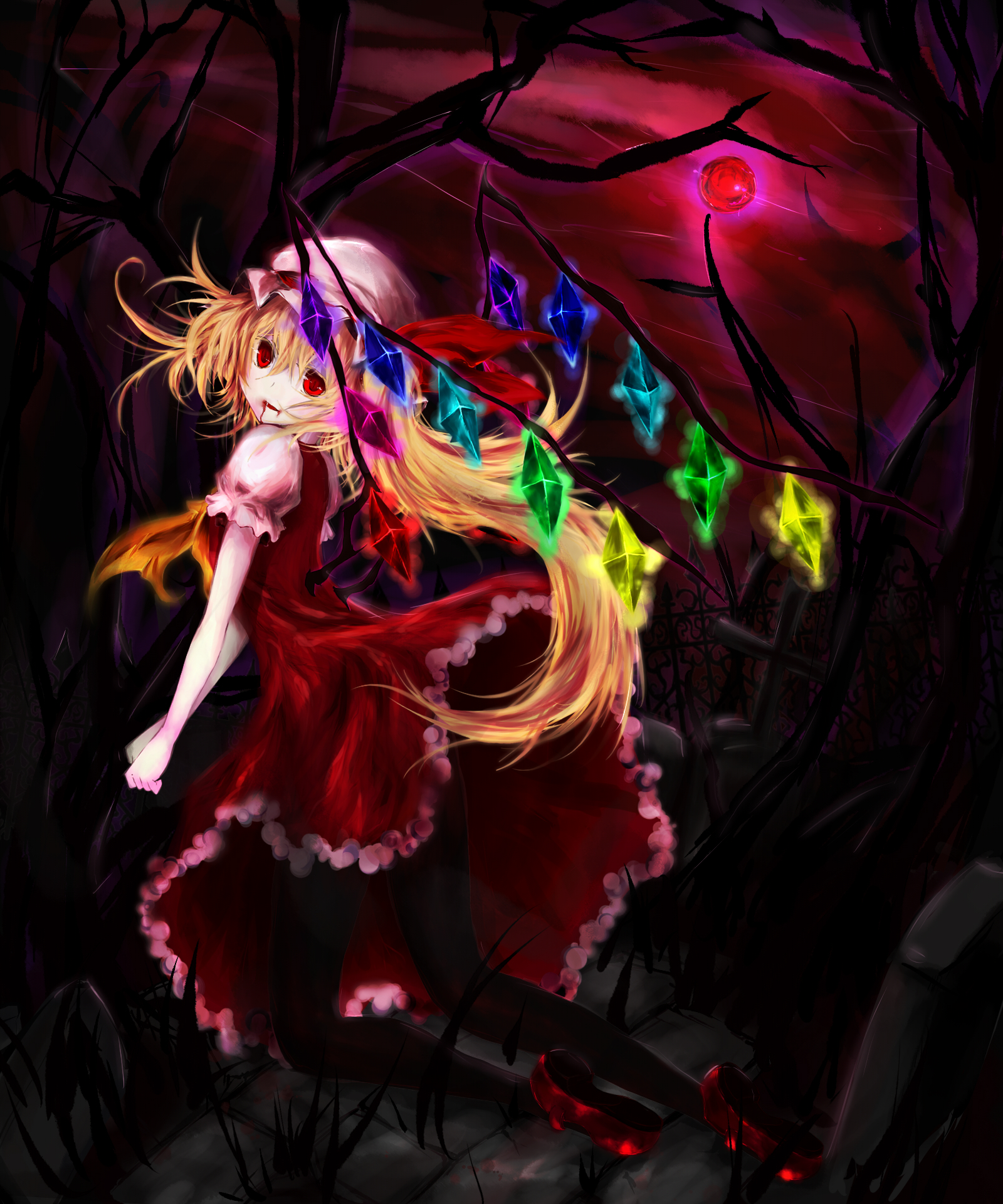takuan (kyou sonogoro), takuan (pixiv), flandre scarlet, touhou, highres, 1girl, bare tree, blush, crystal, female focus, from behind, hat, long hair, looking at viewer, mob cap, puffy short sleeves, puffy sleeves, short sleeves, side ponytail, solo, tree, vampire, very long hair