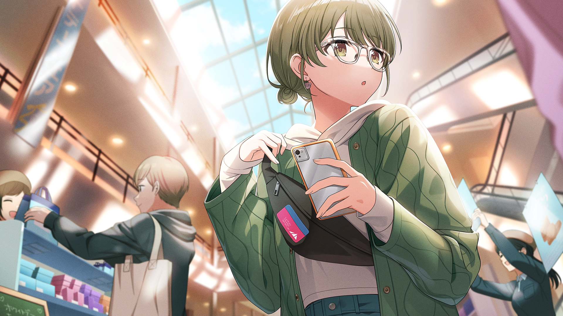 nanakusa nichika, idolmaster, idolmaster shiny colors, idolmaster shiny colors song for prism, game cg, official art, bag, black hair, buttons, ceiling, cellphone, closed eyes, earrings, escalator, green eyes, green hair, hat, holding, japanese text, jewelry, mall, phone, railing, skylight, smartphone, window, zipper