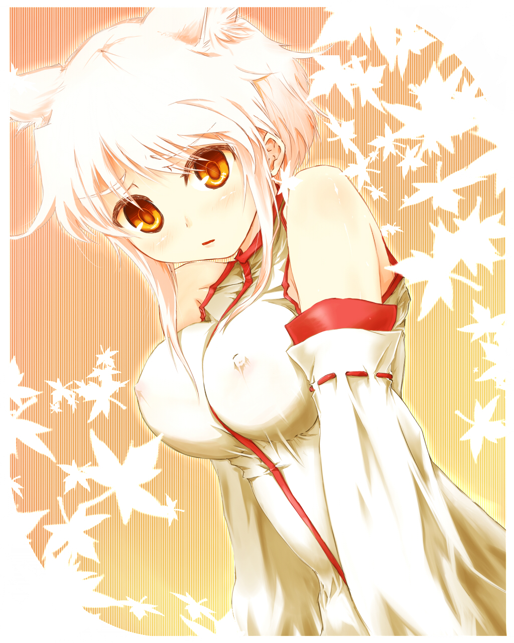 takuan (kyou sonogoro), takuan (pixiv), inubashiri momiji, touhou, silver hair, highres, 1girl, animal ears, bare shoulders, breasts, covered erect nipples, detached sleeves, female focus, hat, large breasts, leaf, red eyes, short hair, solo, tokin hat, wolf ears