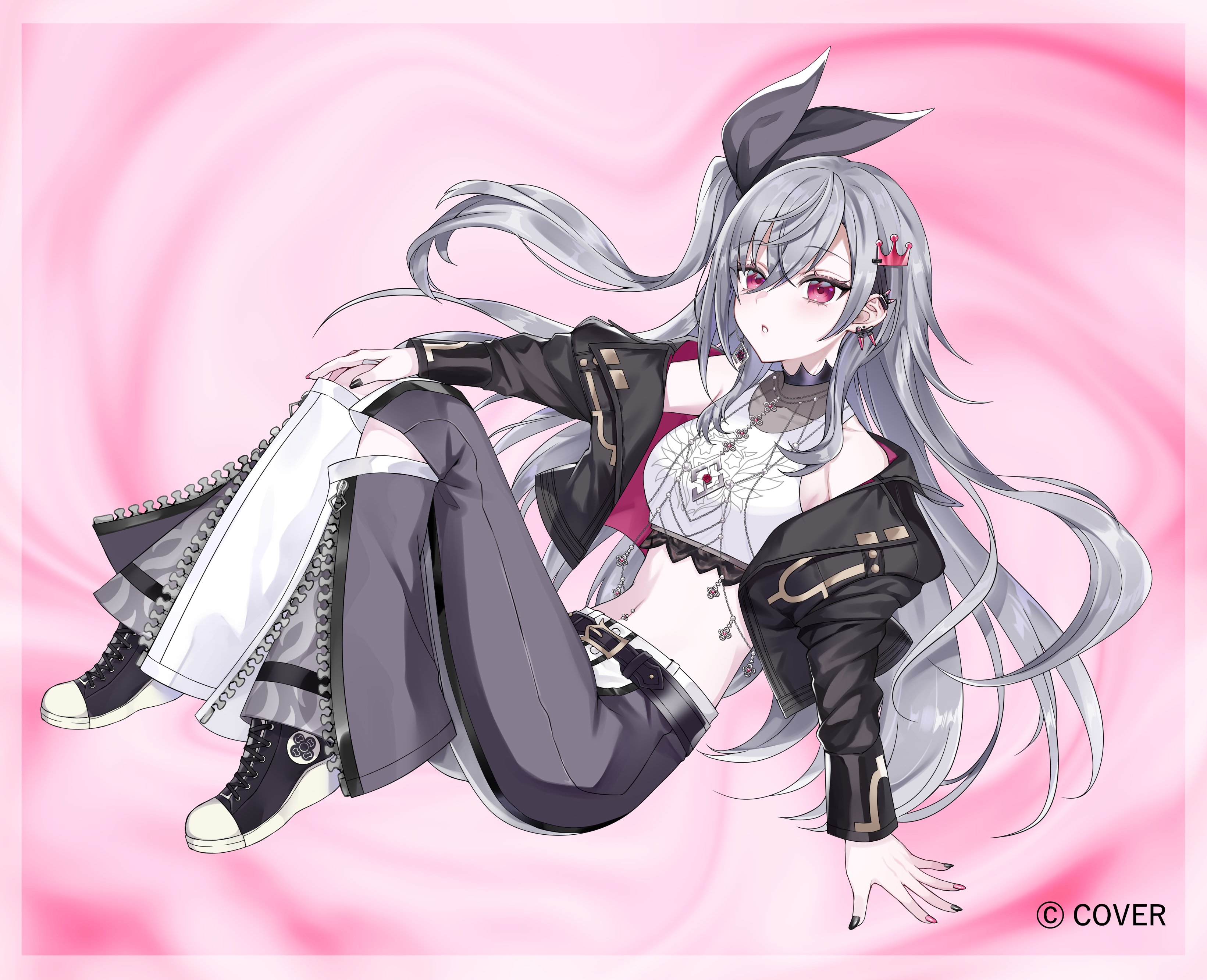 miya kyouhei, isaki riona, hololive, hololive dev is, absurdres, commentary request, highres, official art, 1girl, black bow, black jacket, black pants, bow, copyright name, crop top, cropped jacket, cropped shirt, double-parted bangs, full body, grey hair, hair bow, jacket, knee cutout, long hair, long sleeves, looking at viewer, midriff, navel, navel piercing, off shoulder, one side up, pants, parted lips, piercing, red eyes, shirt, sidelocks, sleeveless, sleeveless shirt, solo, two-tone pants, virtual youtuber, white pants, white shirt