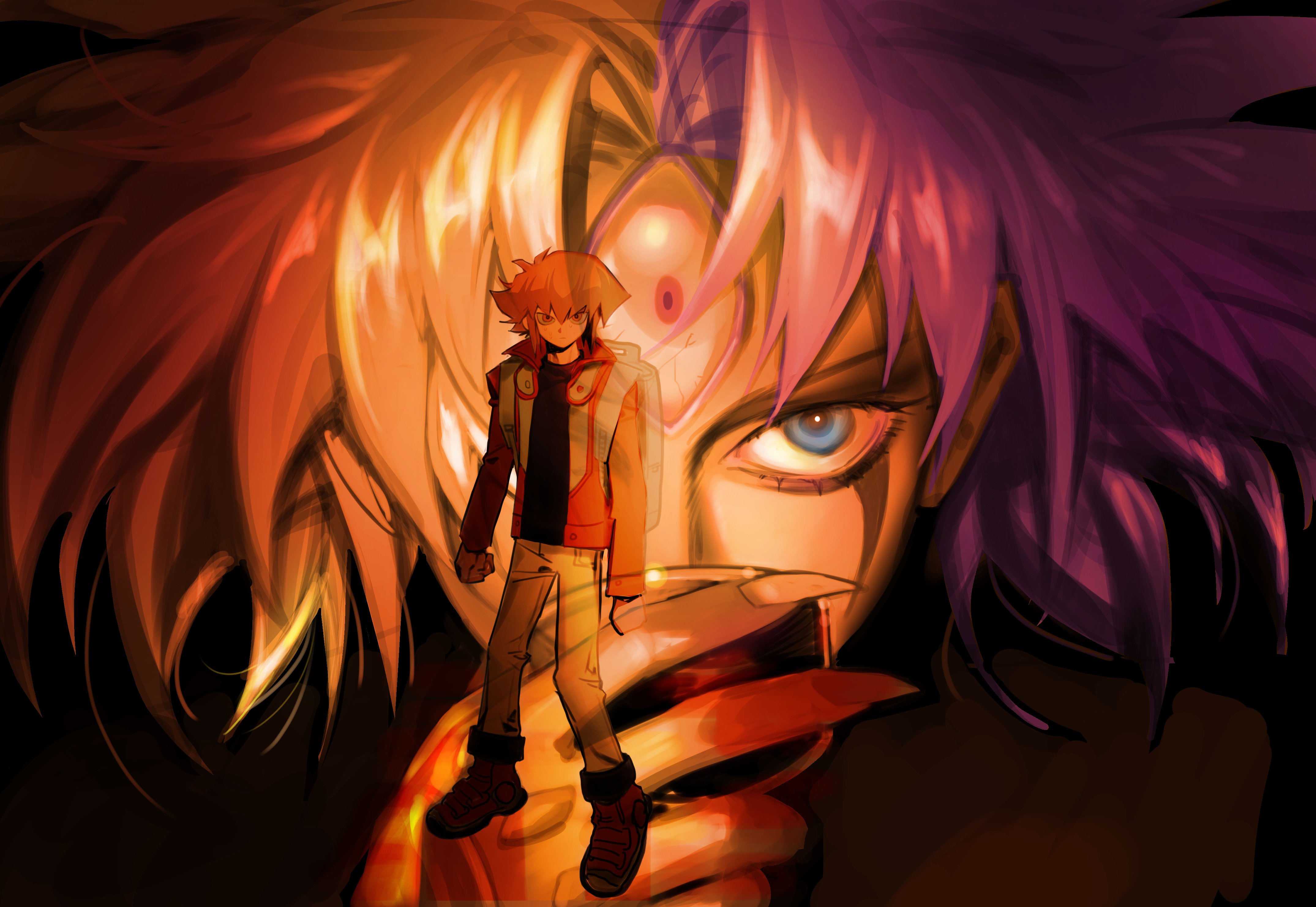 tawashipurin, yubel, yuki judai, yu-gi-oh!, yu-gi-oh! gx, absurdres, highres, 1boy, 1other, black shirt, blue eyes, brown eyes, brown hair, close-up, jacket, multicolored hair, pants, red jacket, shirt, third eye, two-tone hair, white pants