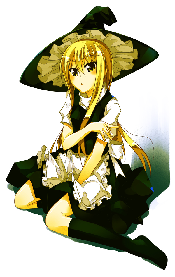 sazanami mio, kirisame marisa, touhou, 1girl, blonde hair, female focus, hat, long hair, socks, solo, witch hat, yellow eyes