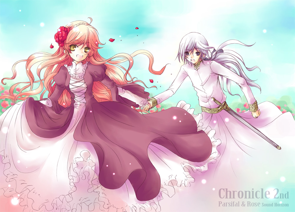 muu, parsifal, rose guine avalon, chronicle 2nd, sound horizon, bad id, bad pixiv id, 1boy, 1girl, blue eyes, dress, flower, hetero, holding hands, long hair, petals, puffy sleeves, red hair, sky, sword, victorian, weapon, white hair, yellow eyes