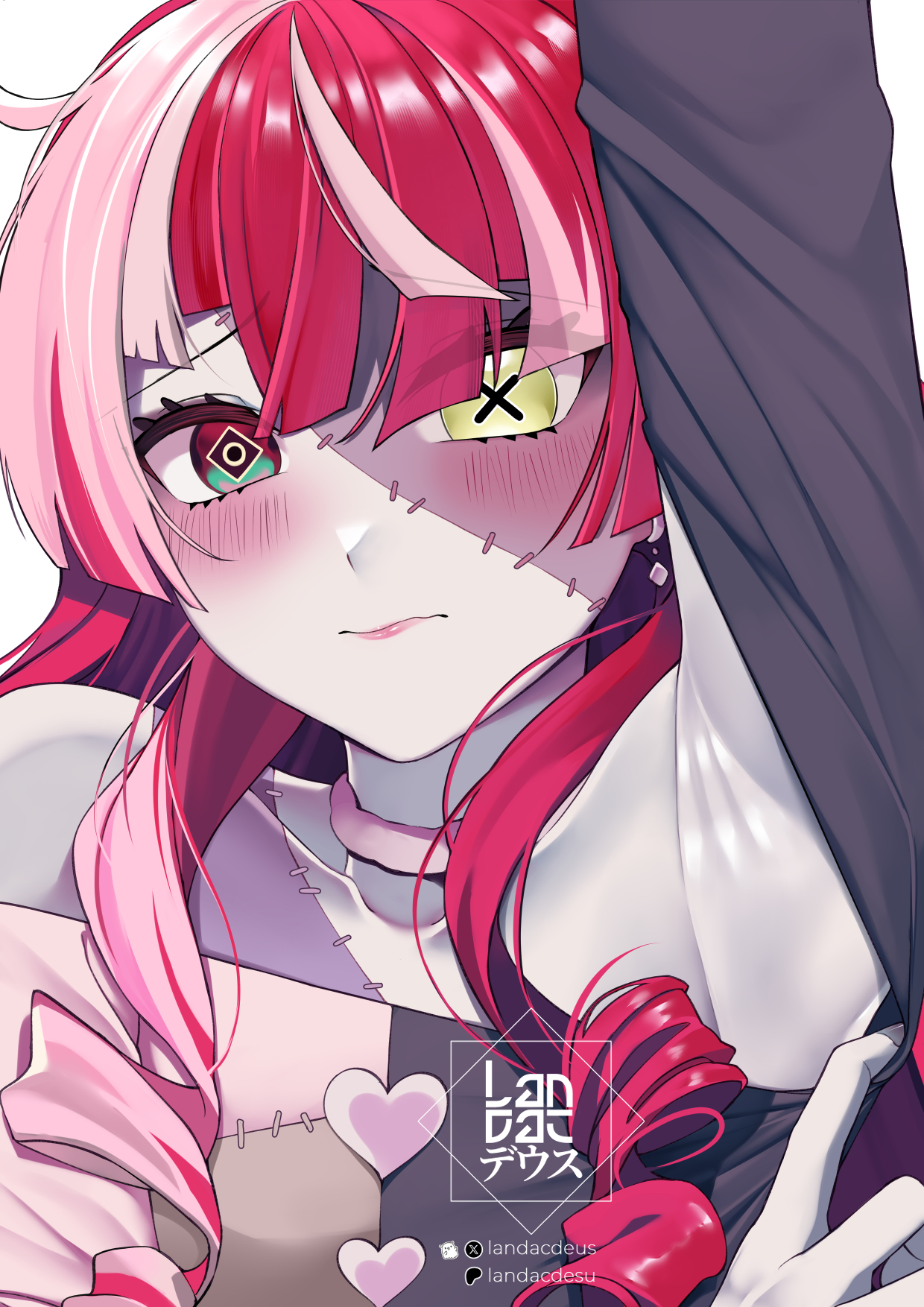 landacdeus, kureiji ollie, hololive, hololive indonesia, highres, 1girl, armpits, artist logo, closed mouth, drill hair, green eyes, heart, heterochromia, logo, long hair, multicolored eyes, multicolored hair, patreon username, pink hair, presenting armpit, red eyes, solo, stitched face, stitched torso, stitches, streaked hair, symbol-shaped pupils, twitter username, upper body, virtual youtuber, white hair, yellow eyes