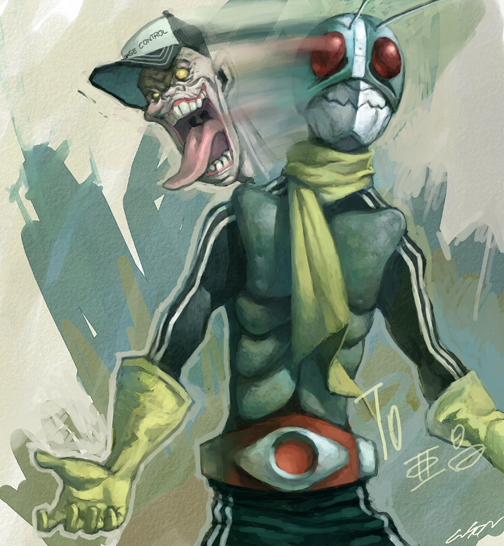 kamen rider, open mouth, parody, scarf, tongue, what, yellow eyes