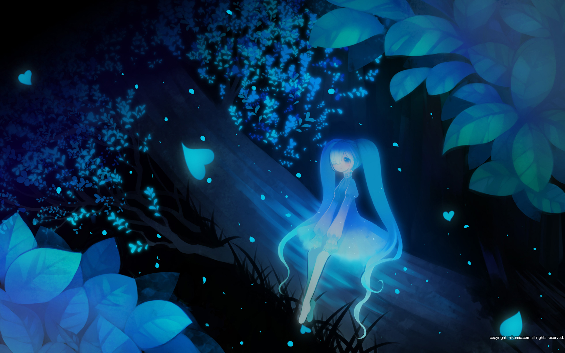 petitdevil, puti devil, hatsune miku, mikumix, vocaloid, highres, 1girl, blue eyes, blue hair, blue theme, dress, female focus, glowing, hair over one eye, in tree, leaf, long hair, matching hair/eyes, night, petals, sitting, sitting in tree, solo, tree, twintails, watermark