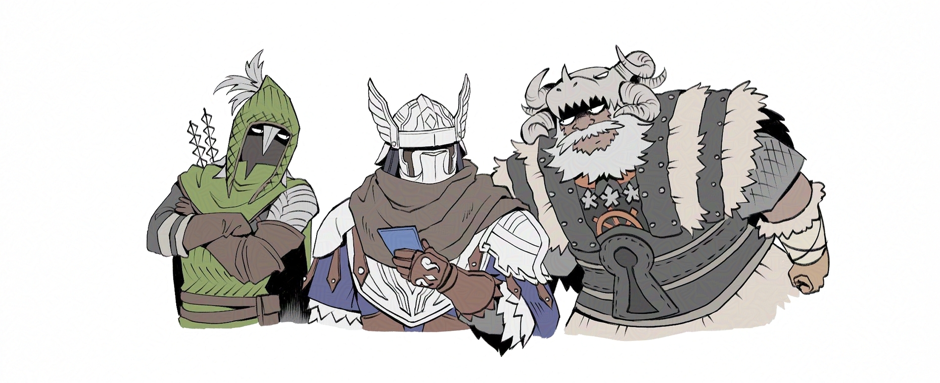 sunnbnn, ironeye (elden ring), raider (elden ring), wylder (elden ring), elden ring, elden ring nightreign, highres, 3boys, animal head, armor, beard, blue surcoat, cropped torso, crossed arms, dragon skull, facial hair, green hood, grey hair, hat over eyes, helmet, holding, holding phone, looking at another, multiple boys, phone, quiver, scale armor, winged helmet