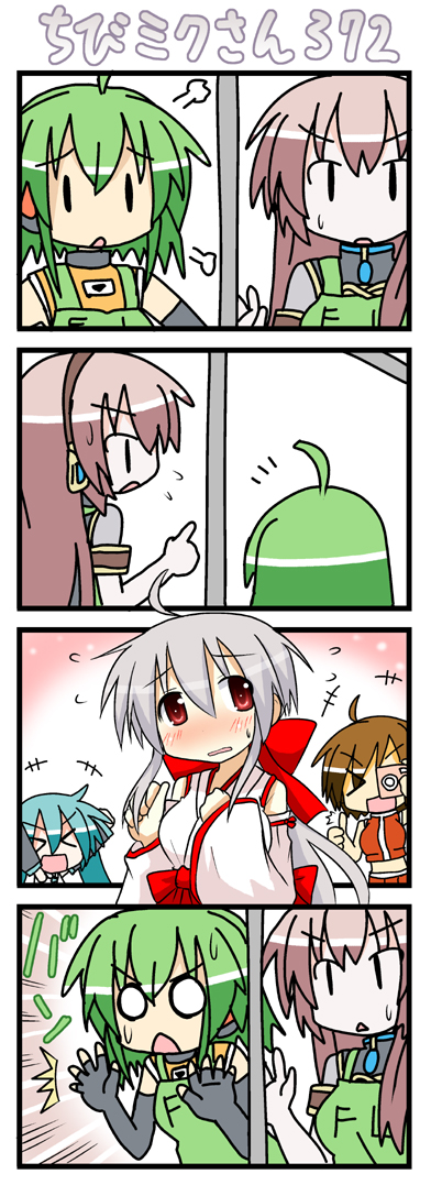 minami (colorful palette), chibi miku, fl-chan, hatsune miku, megurine luka, meiko (vocaloid), yowane haku, fl studio, vocaloid, long image, tall image, > <, 4koma, 5girls, :<, against glass, ahoge, arms up, blush, camera, chibi, closed eyes, comic, cosplay, detached sleeves, embarrassed, fingerless gloves, gloves, green hair, japanese clothes, miko, multiple girls, o o, pointing, silent comic, sweatdrop, thumbs up, | |