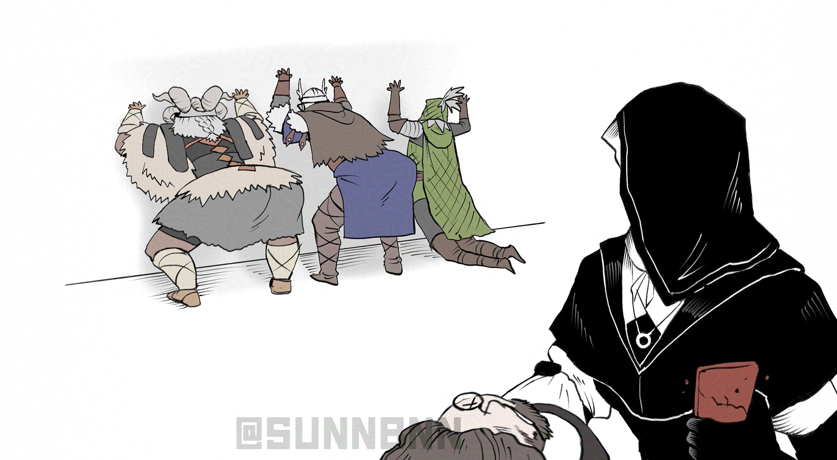 sunnbnn, undertaker (elden ring), elden ring, elden ring nightreign, highres, 1girl, 4boys, against wall, animal head, armor, ass, beard, bent over, black bodice, black gloves, blue surcoat, boots, cellphone, dragon skull, elbow gloves, facial hair, from behind, full body, gloves, green hood, grey hair, hat over eyes, helmet, jewelry, looking at another, monocle, multiple boys, necklace, phone, quiver, scale armor, scholar (elden ring), signature, smartphone, twitter username, white coif, winged helmet, x x