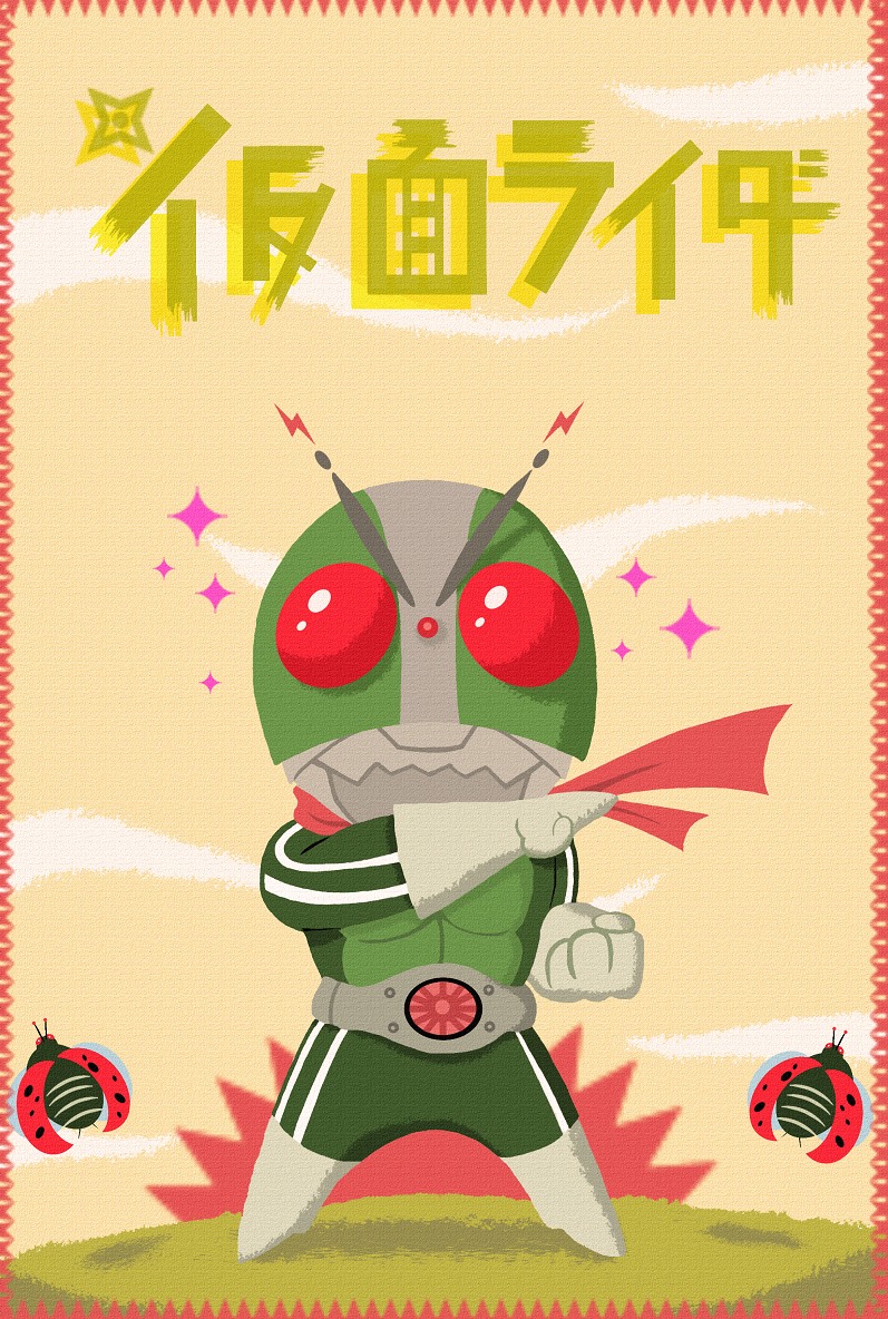 kamen rider 2, kamen rider nigo, kamen rider, 1boy, bug, chibi, insect, ladybug, scarf