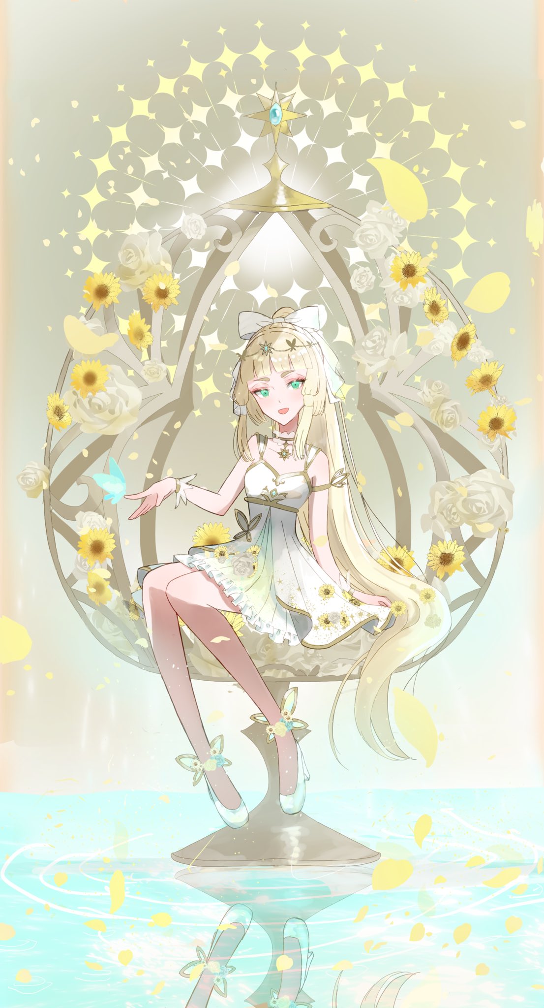 rune factory, rune factory: guardians of azuma, highres, 1girl, alternate costume, blonde hair, dress, green eyes, high heels, high ponytail, kanata (rune factory), long hair, ponytail, sitting, solo, very long hair, vmzdzxnx7fiyoxx, white dress