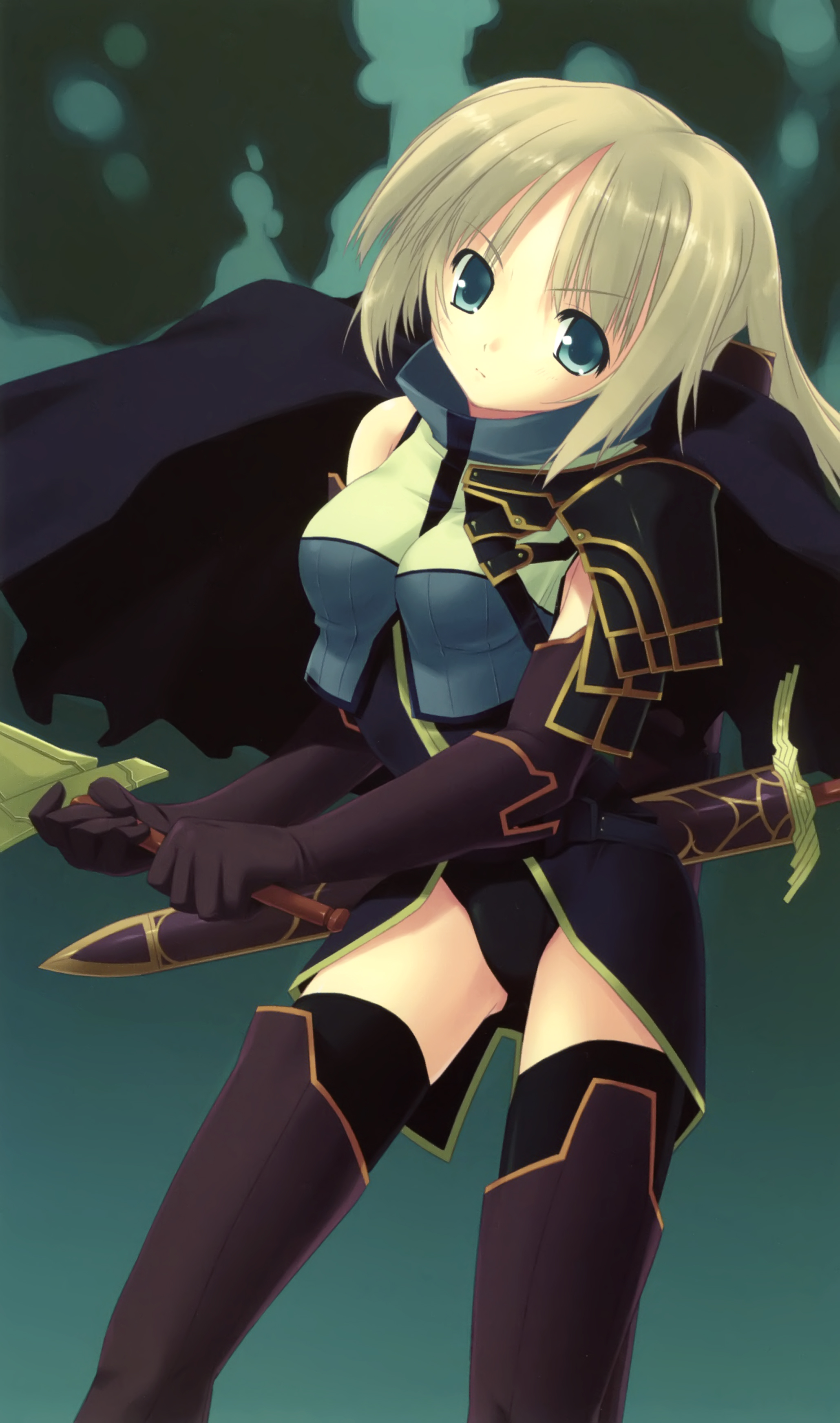 shiranagi masa, absurdres, highres, blonde hair, blue eyes, cape, short hair, solo, sword, thighhighs, weapon