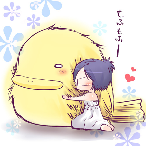 riven (hakuru), chrome dokuro, hibird, katekyo hitman reborn!, lowres, 00s, 1girl, bird, blue hair, chibi, eyepatch, female focus, full body, gradient background, short hair, solo, white background