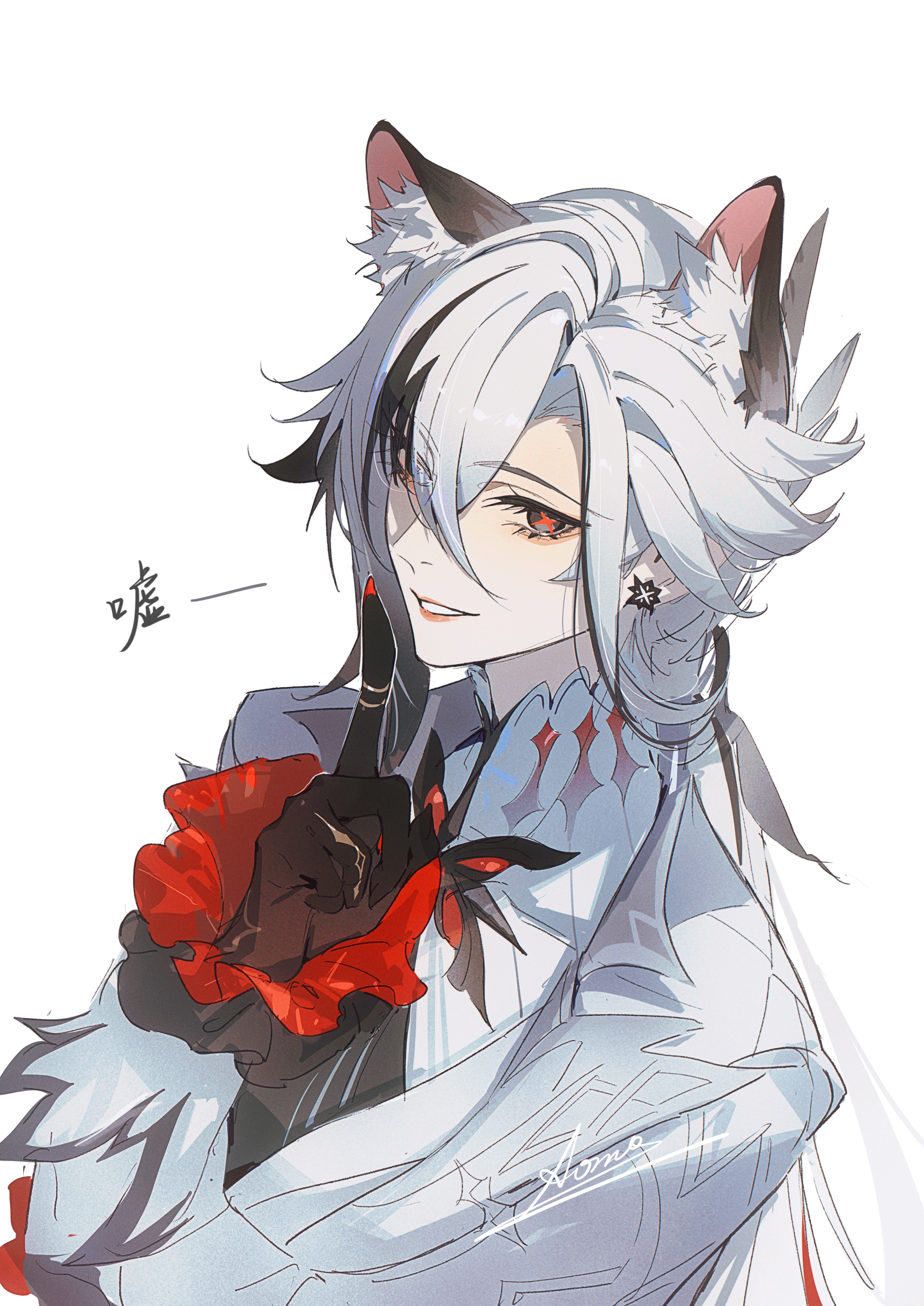 aoma (xuanzexuexi), arlecchino (genshin impact), genshin impact, absurdres, chinese commentary, commentary request, highres, translation request, 1girl, animal ear fluff, animal ears, black eyes, black hands, coat, colored extremities, extra ears, grey coat, looking at viewer, multicolored hair, nail polish, red nails, red pupils, smile, solo, streaked hair, symbol-shaped pupils, upper body, white hair, x-shaped pupils