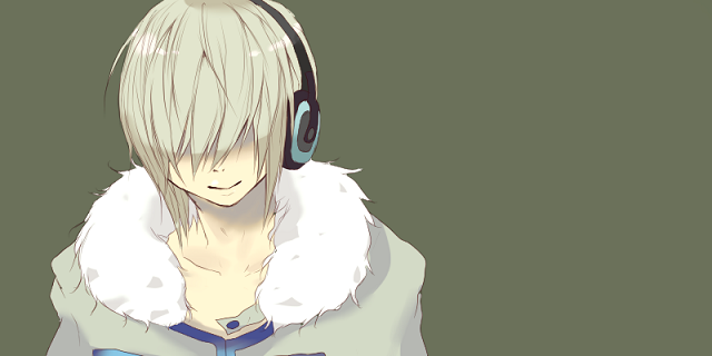pug (pixiv), donka fjord, utau, bad id, bad pixiv id, 1boy, coat, hair over eyes, headphones, male focus, overseas, overseas utau, short hair, simple background, smile, solo