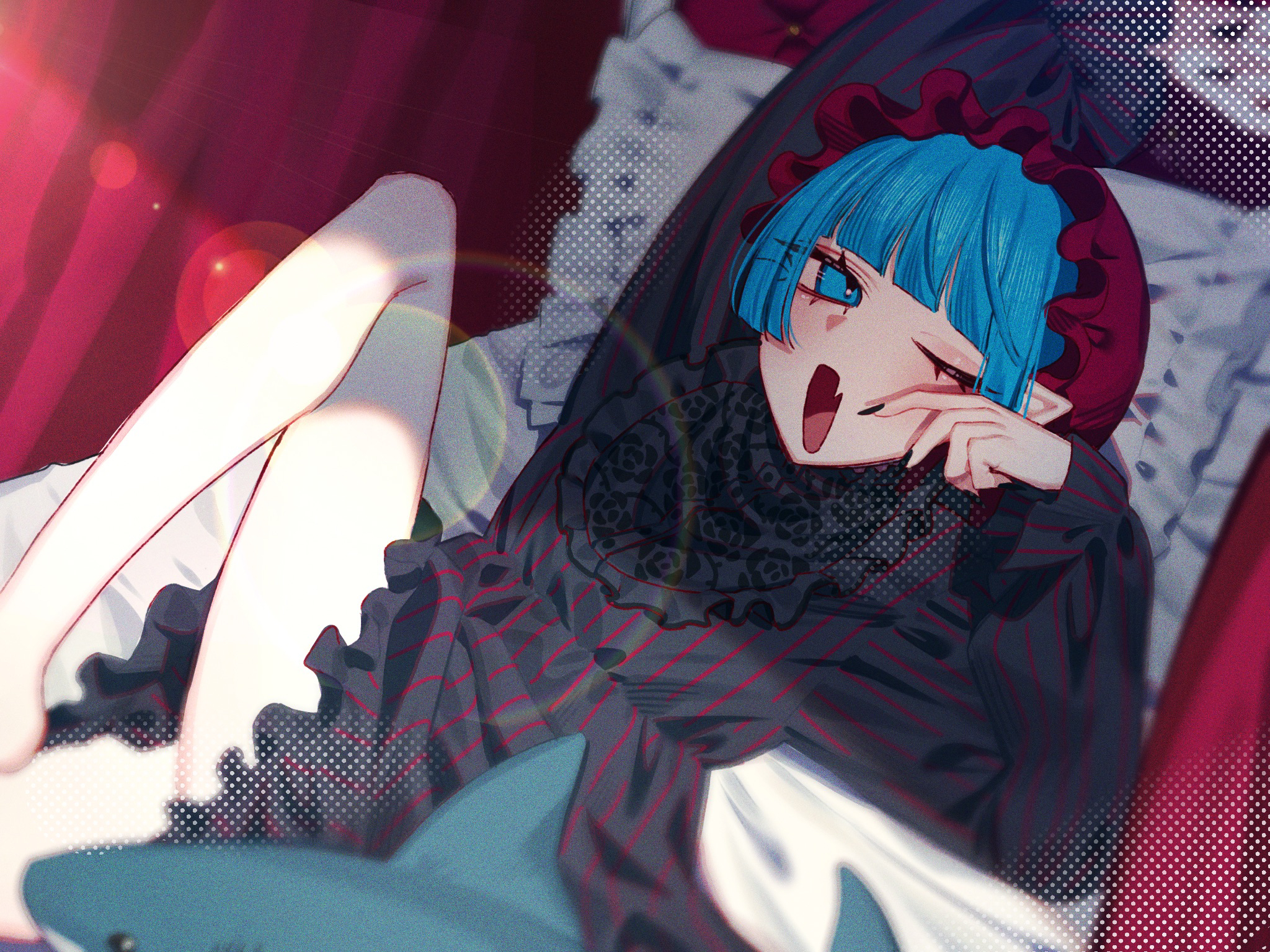 character request, highres, 1girl, :d, barefoot, bib, black pajamas, blue eyes, blue hair, blunt bangs, fang, hat, lens flare, long sleeves, looking at viewer, lying, mob cap, on back, open mouth, pajamas, pointy ears, red hat, skin fang, smile, solo, stuffed animal, stuffed shark, stuffed toy, timdoro, yawning