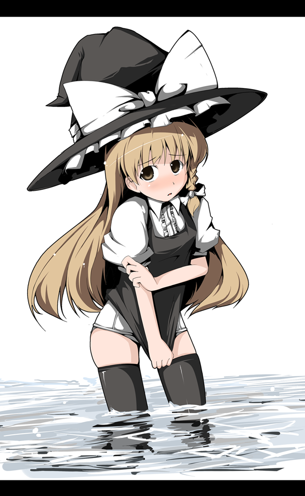 fujy, kirisame marisa, touhou, 1girl, blonde hair, bottomless, braid, covering crotch, covering privates, female focus, hair ribbon, hat, letterboxed, long hair, no pants, one-piece swimsuit, ribbon, school swimsuit, solo, swimsuit, swimsuit under clothes, thighhighs, wading, water, witch, witch hat
