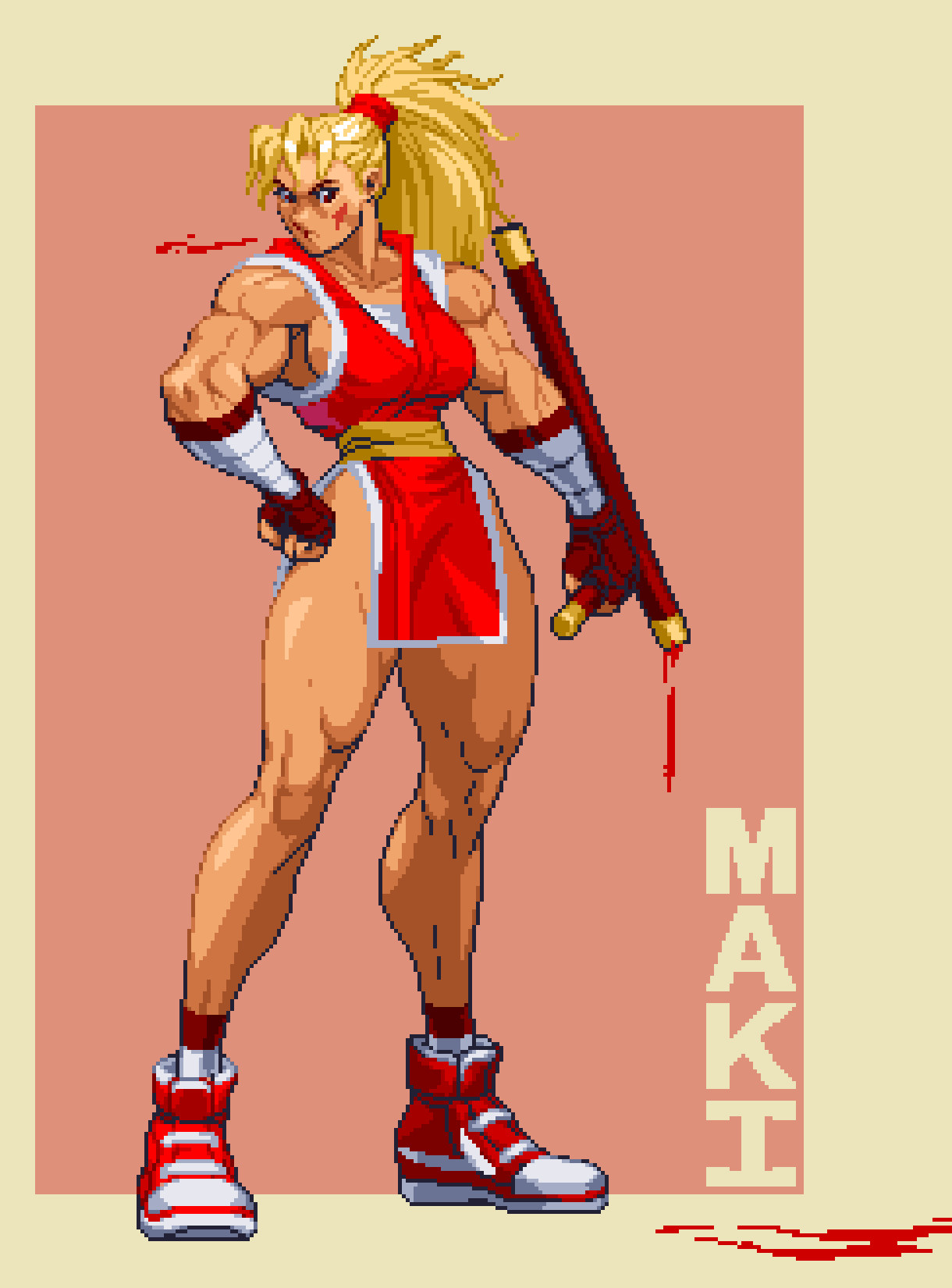 omegachainoboy, genryuusai maki, final fight, street fighter, bandaged arm, bandages, blonde hair, blood, blood on face, blood on ground, bloody weapon, breasts, fingerless gloves, full body, gloves, high ponytail, long hair, muscular, muscular female, ninja, pelvic curtain, pixel art, ponytail, red eyes, red scrunchie, red shoes, revealing clothes, scrunchie, shoes, spitting, spitting blood, tomboy, tonfa, weapon