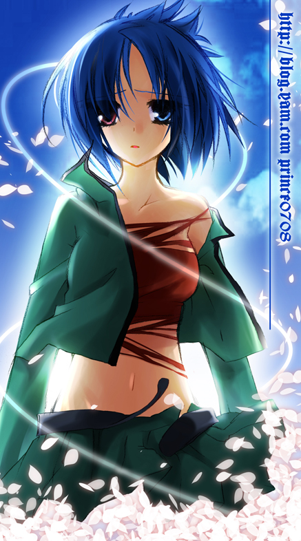 seiten mariko, chrome dokuro, katekyo hitman reborn!, 00s, 1girl, breasts, eyepatch, female focus, heterochromia, midriff, nature, outdoors, purple eyes, purple hair, red eyes, short hair, sky, solo, torn clothes