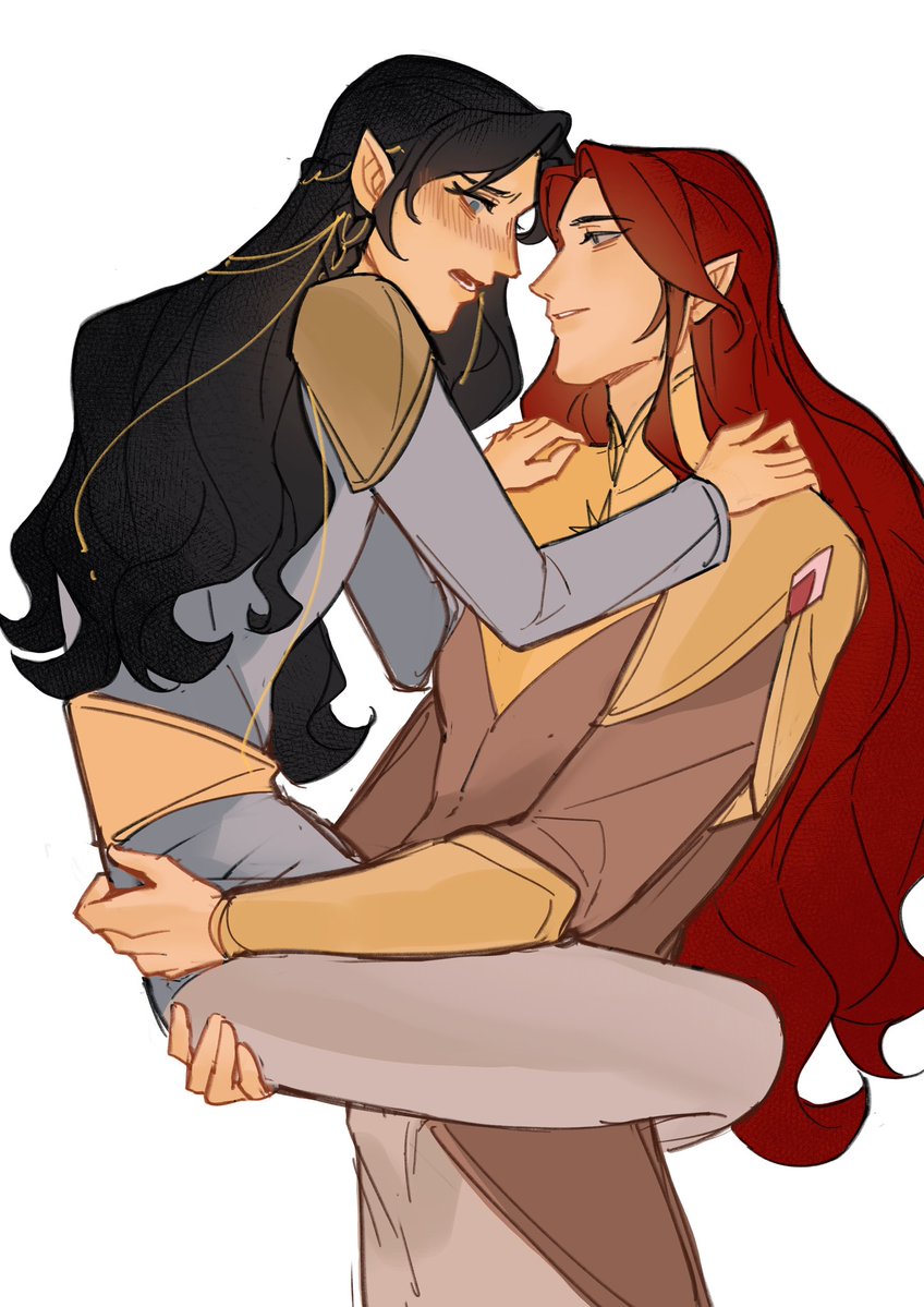 issa crimson, fingon, maedhros, the silmarillion, tolkien's legendarium, source request, 2boys, black hair, blue eyes, blush, braid, carrying, carrying person, cousins, elf, eyebrows hidden by hair, eyelashes, hand on another's ass, hands on another's shoulders, long hair, lower teeth only, male focus, multiple boys, open mouth, parted bangs, parted lips, pointy ears, profile, red hair, simple background, teeth, white background, yaoi