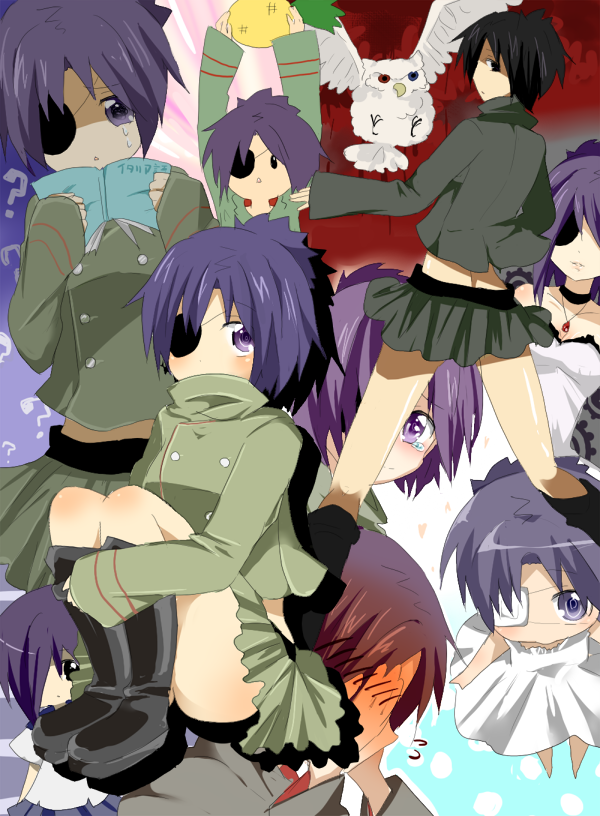 suika (627), syuka06, chrome dokuro, katekyo hitman reborn!, bad id, bad pixiv id, 00s, 1girl, bird, boots, chibi, dress, eyepatch, owl, purple eyes, purple hair, tears