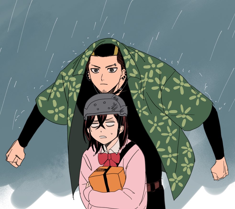 ayase momo, zuma unji, dandadan, commentary request, korean commentary, 1boy, 1girl, black hair, black shirt, bow, bowtie, brown hair, closed mouth, collared shirt, crossed bangs, earrings, eyebrow piercing, face piercing, facial hair, floral print, green shirt, hair between eyes, height difference, helmet, holding, improvised umbrella, jewelry, kami high school uniform, long sleeves, open clothes, open shirt, outdoors, parted lips, piercing, pink sweater, print shirt, rain, red bow, red bowtie, rotomem, scene reference, school uniform, shirt, shirt under shirt, short hair, sweat, sweater, upper body, very short hair, white eyes, white shirt