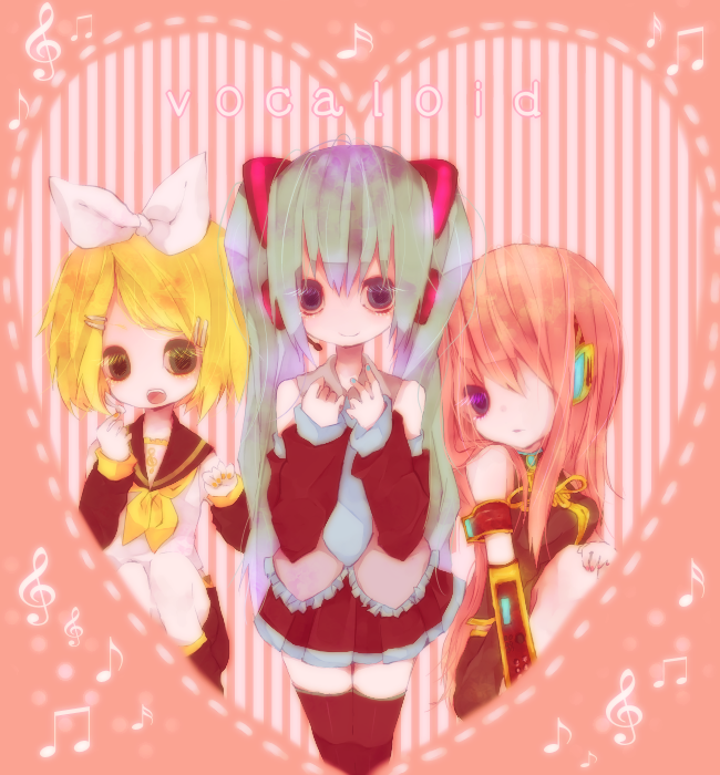 ya-mo, hatsune miku, kagamine rin, megurine luka, vocaloid, bad id, bad pixiv id, 3girls, aqua eyes, aqua hair, blonde hair, detached sleeves, hair over one eye, headphones, headset, heart, long hair, multiple girls, musical note, necktie, pink hair, short hair, skirt, smile, thighhighs, twintails, zettai ryouiki
