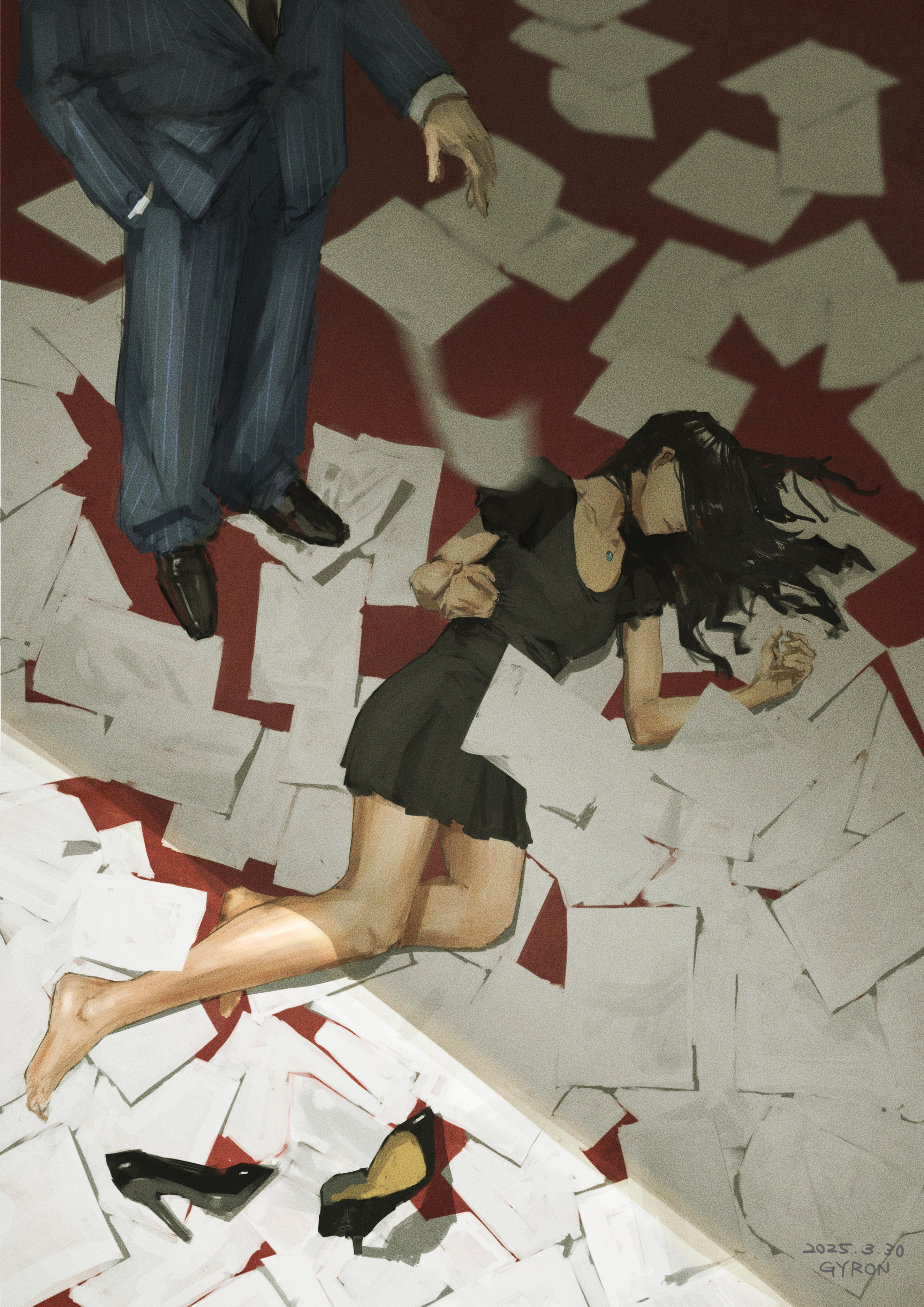armald0, original, absurdres, commentary, english commentary, highres, 1boy, 1girl, 2025, artist name, barefoot, black hair, dated, feet, formal clothes, hair over eyes, high heels, suit, too many papers