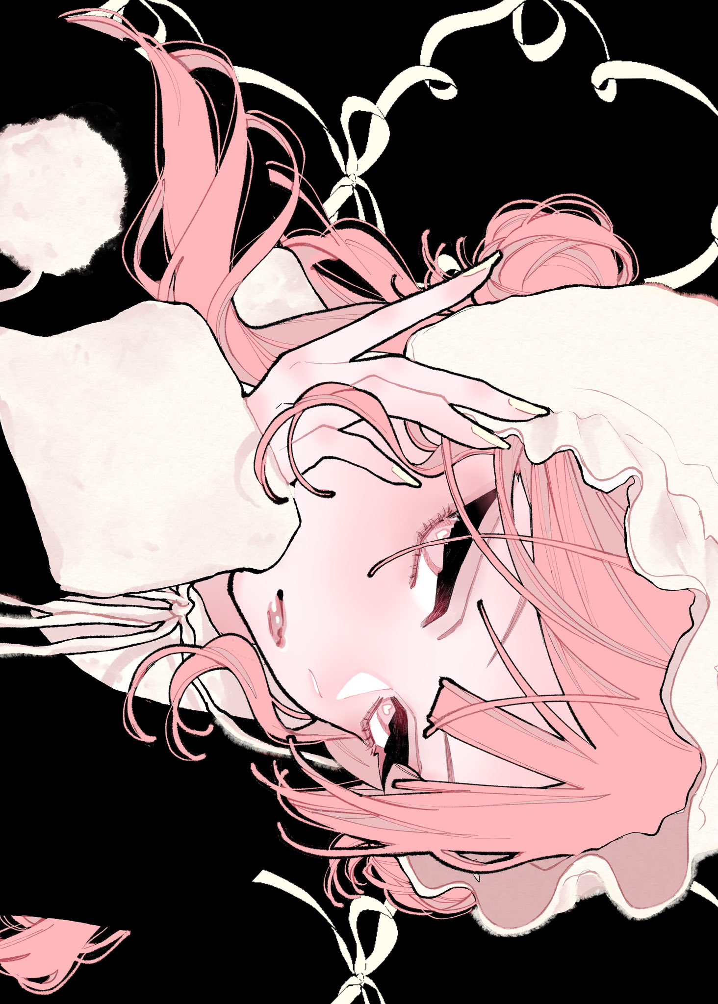 uzcoco 66, highres, 1girl, black background, blunt bangs, close-up, closed mouth, eyelashes, fall in love you false angels, fingernails, hair bun, hat, head rest, katsura otogi, long fingernails, pink eyes, pink hair, simple background, solo, white nails