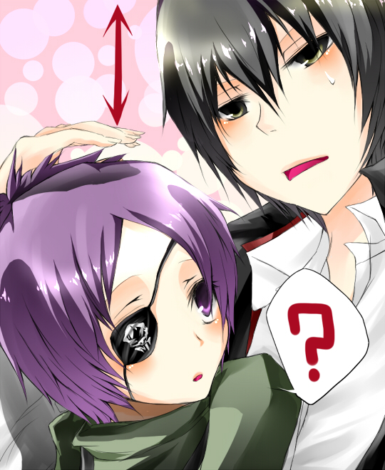 hu sen, kuroman, chrome dokuro, hibari kyouya, katekyo hitman reborn!, bad id, bad pixiv id, 00s, 1boy, 1girl, ?, arrow (symbol), couple, eyepatch, height, height difference, hetero, purple eyes, purple hair, size difference