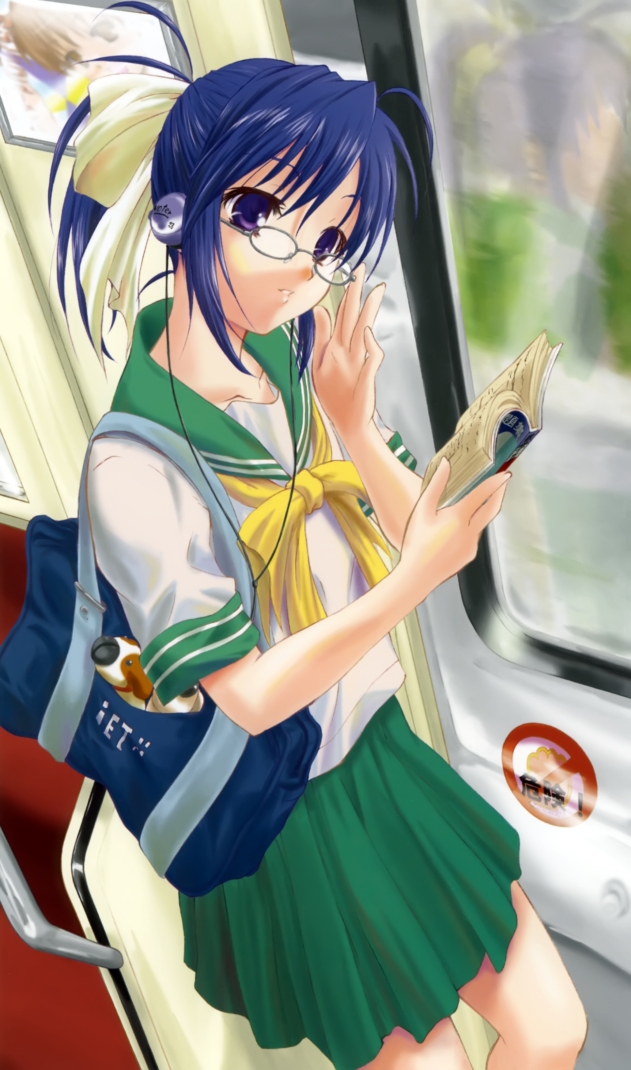 q-gaku, girls museum, absurdres, highres, adjusting eyewear, antenna hair, bag, blouse, blue eyes, blue hair, cable, cowboy shot, from side, glasses, hair between eyes, head tilt, high ponytail, miniskirt, neckerchief, parted bangs, ponytail, reflection, round eyewear, school uniform, serafuku, shirt, shoulder bag, skirt, solo, standing, white shirt, yellow neckerchief