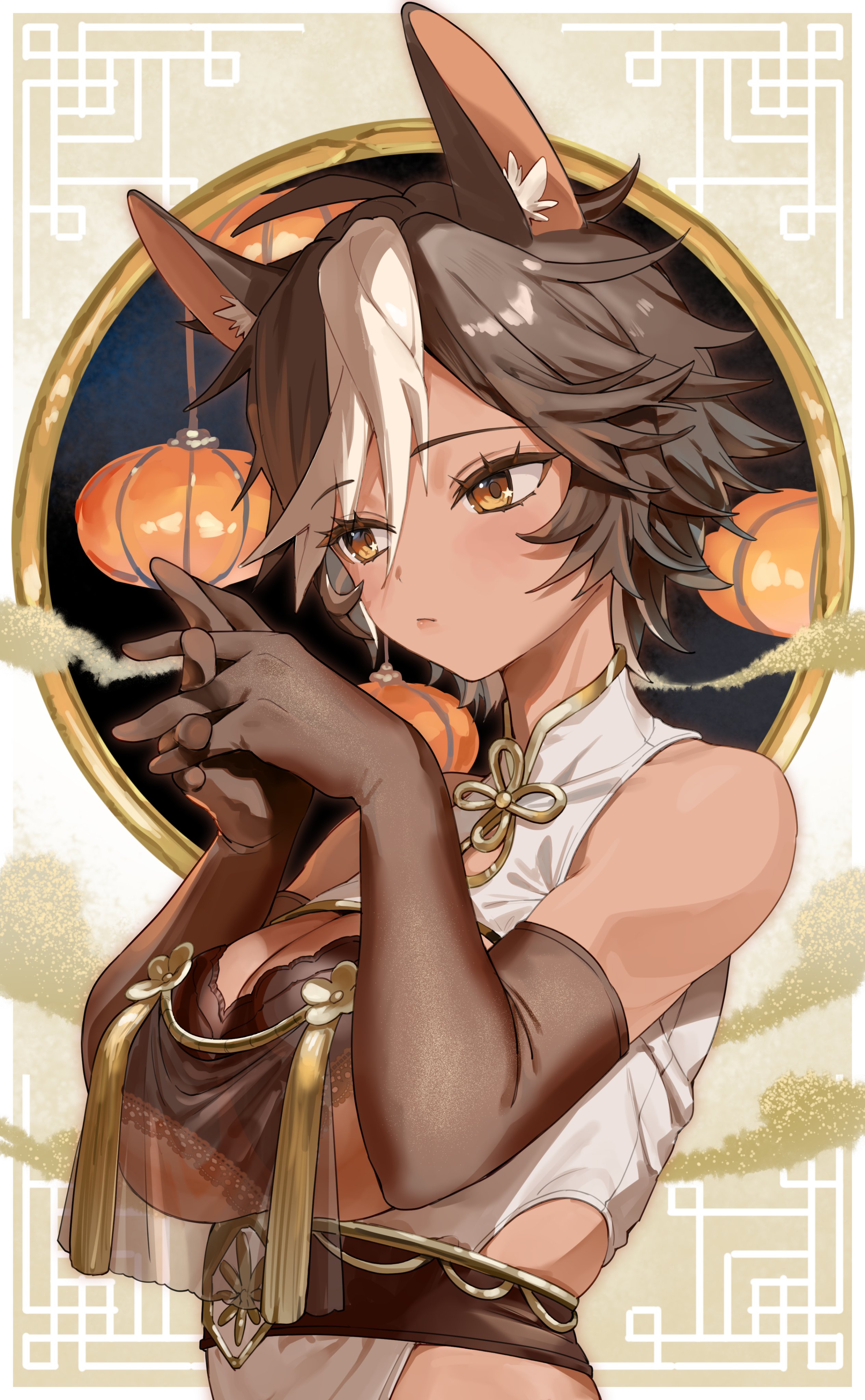 roena, tomoe umari, v-dere, absurdres, commentary, commission, english commentary, highres, second-party source, skeb commission, 1girl, animal ears, breasts, brown eyes, brown gloves, brown hair, china dress, chinese clothes, closed mouth, cropped torso, dress, elbow gloves, gloves, horse ears, horse girl, interlocked fingers, lantern, large breasts, paper lantern, short hair, solo, upper body, virtual youtuber, white dress