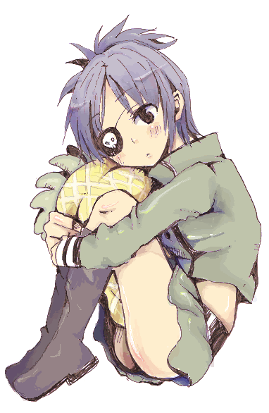 mokamura, chrome dokuro, katekyo hitman reborn!, bad id, bad pixiv id, 00s, 1girl, ass, blue hair, boots, eyepatch, female focus, food, fruit, full body, hug, pineapple, short hair, skirt, solo, stuffed animal, stuffed toy, white background