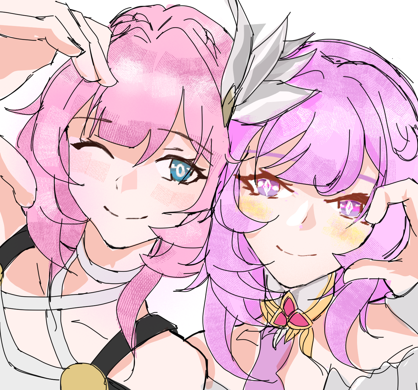 cyrene (aedes elysiae) (honkai: star rail), cyrene (honkai: star rail), elysia (herrscher of human: ego) (honkai impact), elysia (honkai impact), inoue marina, honkai: star rail, honkai (series), honkai impact 3rd, highres, ;), bare shoulders, blue eyes, color connection, company connection, diamond-shaped pupils, diamond (shape), hair color connection, half-heart hands, looking at viewer, one eye closed, pink hair, portrait, purple eyes, short hair, simple background, smile, symbol-shaped pupils, triquetra, voice actor connection, white background, yanning, yi wei yonghu