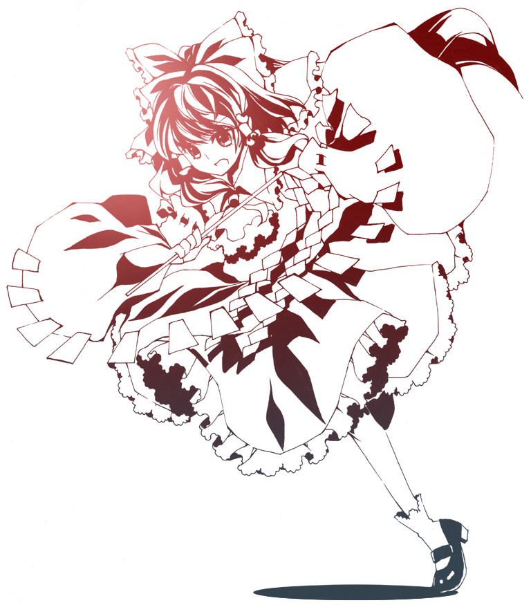 roh nam kyung, hakurei reimu, touhou, bad id, bad pixiv id, 1girl, female focus, gohei, mary janes, monochrome, shoes, solo