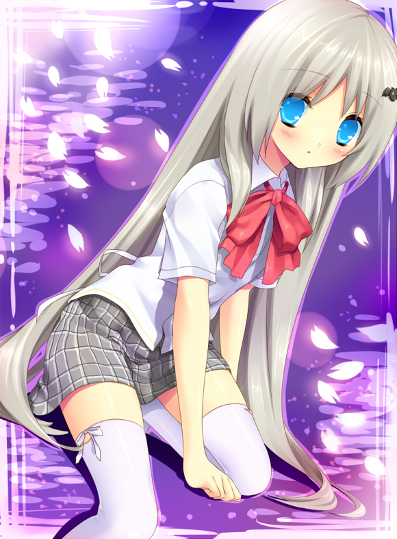 tokira nozumi, noumi kudryavka, little busters!, silver hair, 1girl, blue eyes, cherry blossoms, female focus, long hair, petals, plaid clothes, plaid skirt, school uniform, skirt, solo, thighhighs