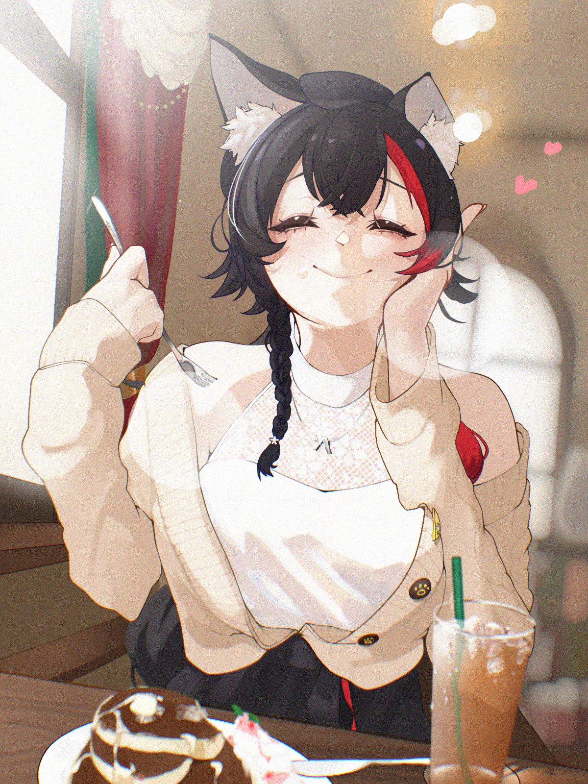 edge ill, ookami mio, ookami mio (street), hololive, hashtag-only commentary, highres, 1girl, animal ear fluff, animal ears, bare shoulders, black hair, blurry, blurry background, braid, breasts, cardigan, closed eyes, closed mouth, cup, dessert, double-parted bangs, dress, drinking glass, drinking straw, facing viewer, food, fork, hand on own cheek, hand on own face, holding, holding fork, indoors, long hair, multicolored hair, official alternate costume, red streaks, smile, solo, streaked hair, upper body, virtual youtuber, white dress, wolf ears, wolf girl, yellow cardigan