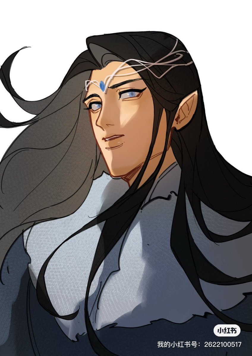 issa crimson, fingolfin, the silmarillion, tolkien's legendarium, source request, 1boy, black hair, blue eyes, circlet, elf, eyelashes, floating hair, gem, grey eyes, jewelry, long hair, male focus, parted lips, pointy ears, simple background, solo, teeth, upper body, upper teeth only, white background