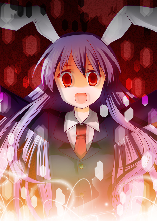 izumi minami, reisen udongein inaba, touhou, light, bad id, bad pixiv id, 1girl, :d, animal ears, blazer, blurry, collar, empty eyes, female focus, jacket, long hair, necktie, open mouth, outstretched arms, purple hair, rabbit ears, red eyes, smile, solo, spread arms, surprised, upper body, wide-eyed