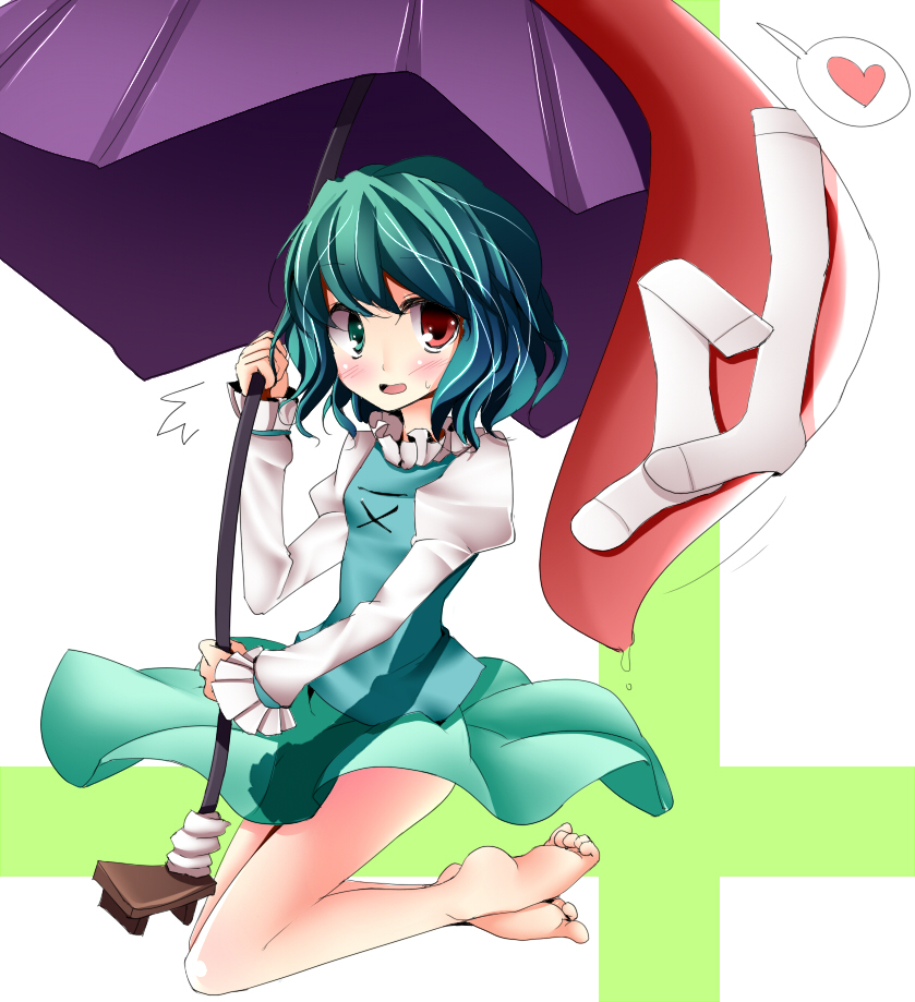 kantenziu, oouso, tatara kogasa, touhou, bad id, bad pixiv id, colorized, 1girl, barefoot, female focus, heterochromia, karakasa obake, socks, solo, umbrella