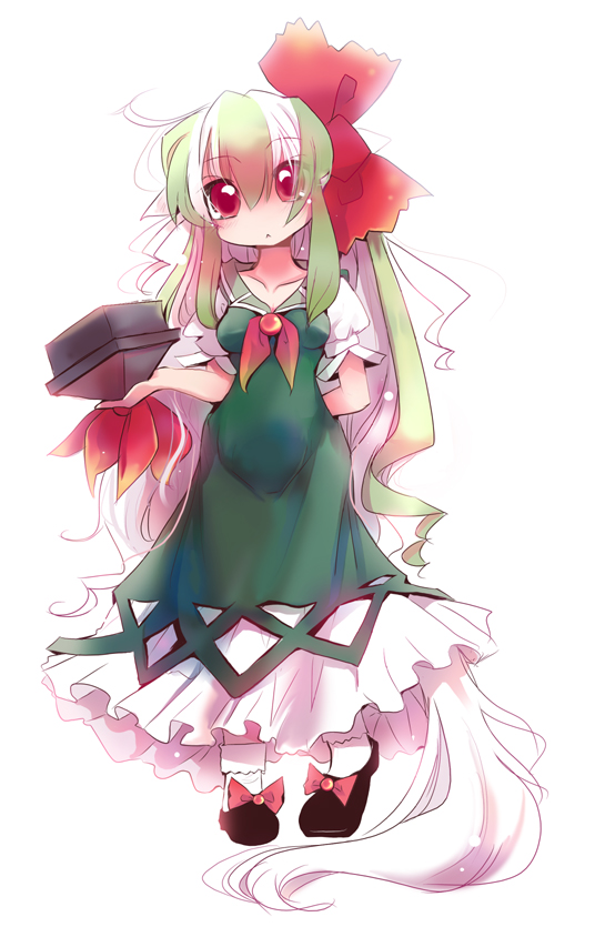 usoneko, ex-keine, kamishirasawa keine, touhou, bad id, bad pixiv id, 2girls, :<, female focus, flower, full body, green hair, multiple girls, simple background, solo, standing, tail, white background