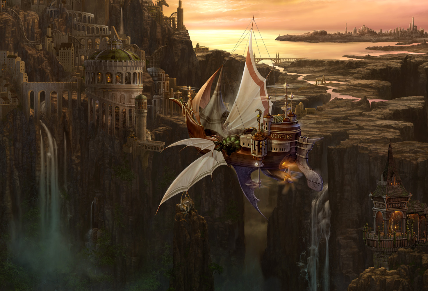 kazumasa uchio, uchio kazumasa, original, aircraft, airship, building, city, creature, fantasy, flying, grand scale, landscape, river, scenery, vehicle focus, water, waterfall